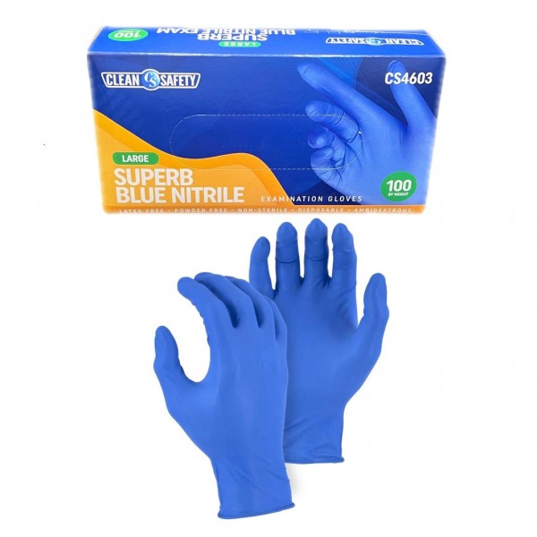 Clean Safety SuperB Nitrile Exam Gloves Blue Large 100/Bx (33903)